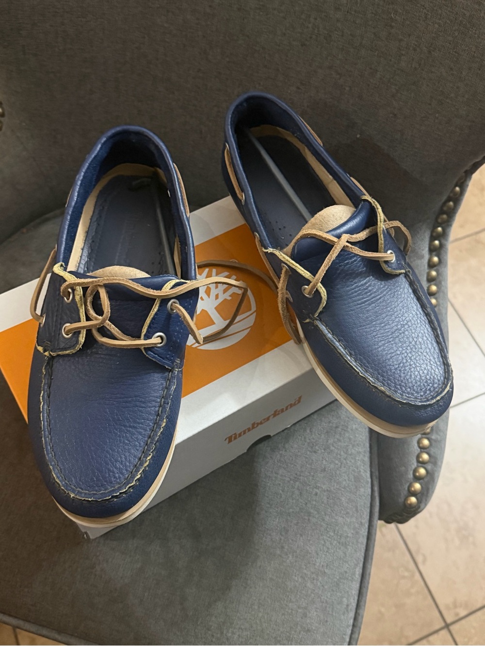 Timberland Navy Leather Boat Shoes with Tan Laces worn once